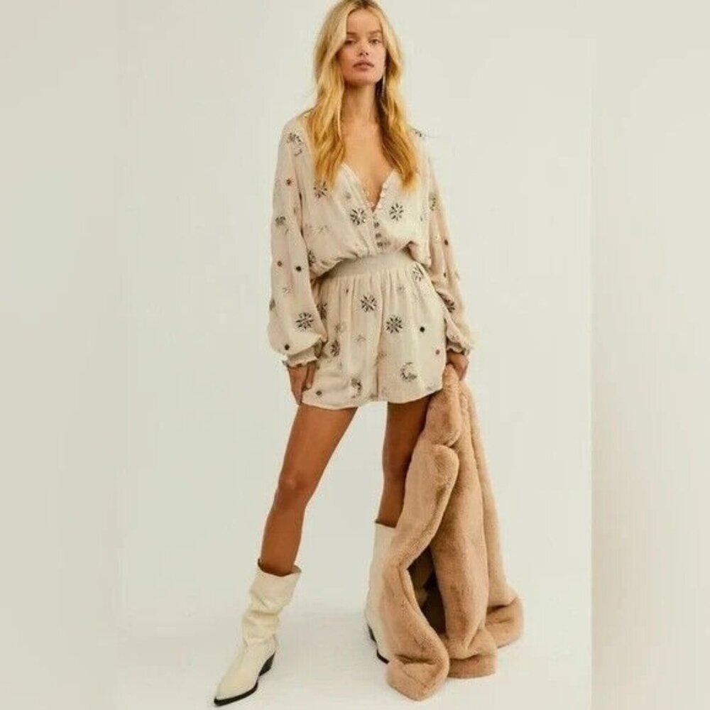 Free People Womens Under The Stars Embroidered‎ Romper Sequin Embellished Large